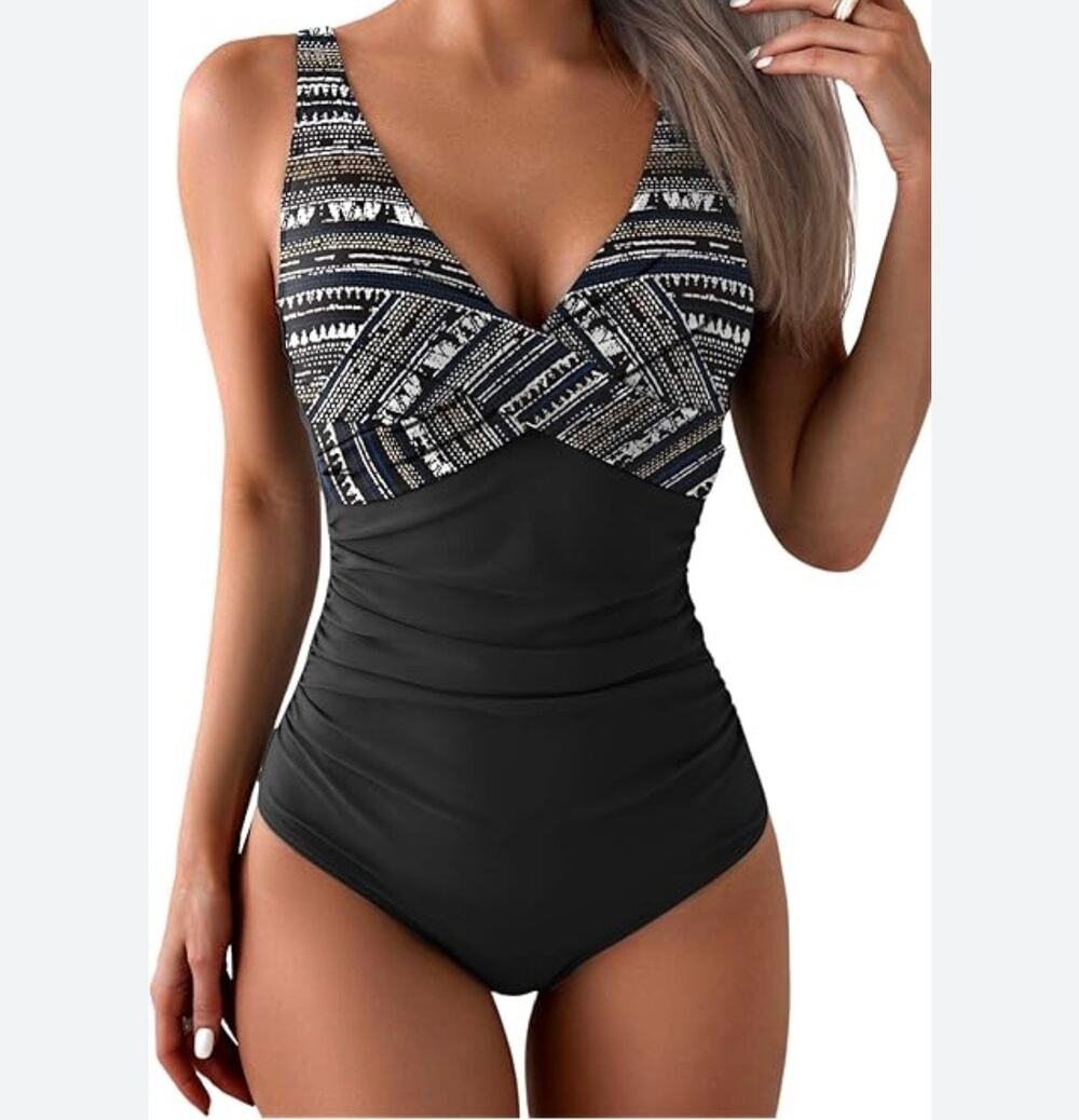 EoMENIIE One-Piece Swimsuit Deep V Flattering Size XL Black Dot Retro New NWT